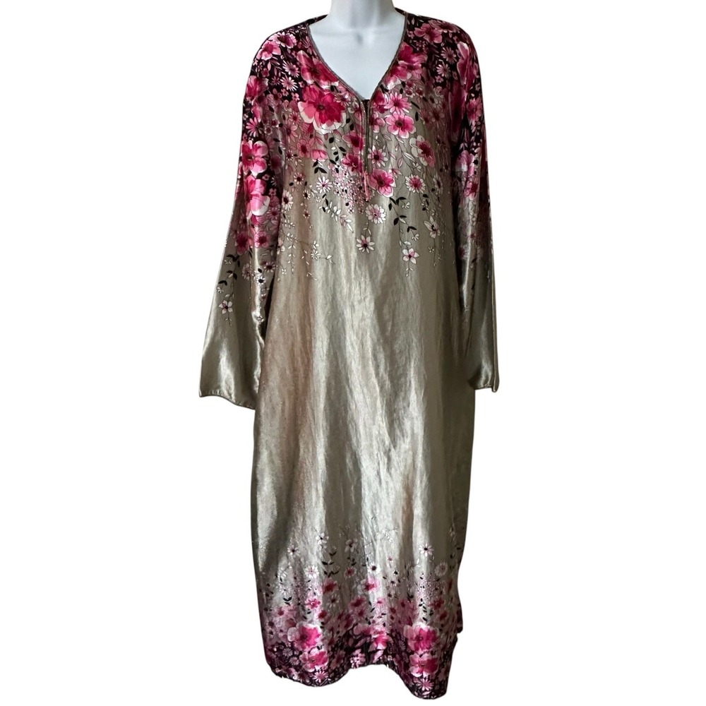 Vintage Yin Ling Long Gray Pink Floral Night/Lounge Gown Romantic Feminine
